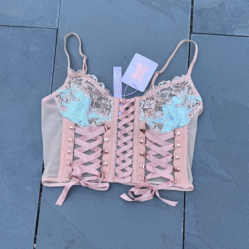 Savage X Fenty Corset Top Women Medium Blue Rose Gold Lace Up Floral Mesh